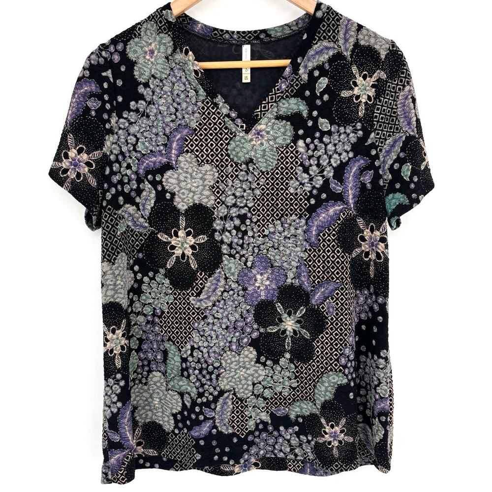 White Stag Multicolor Floral Gold Metallic Stretch V-Neck Top L